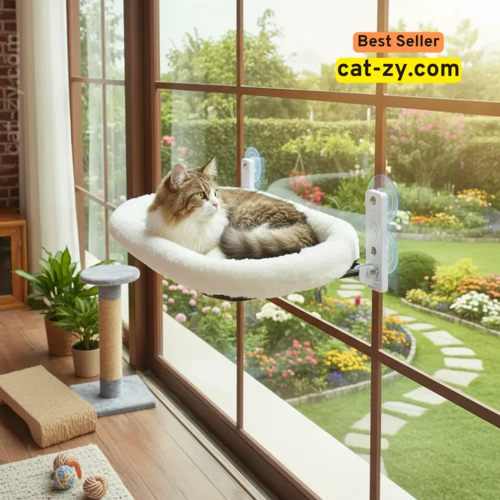 A plush white AMOSIJOY cat-zy window perch holding a resting exotic house cat, mounted with strong suction cups to a seamless glass window for an uninterrupted, full-view garden experience.