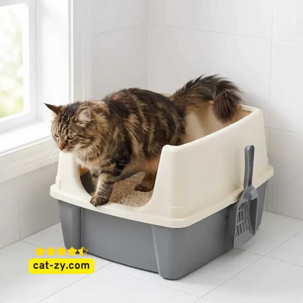 Amazon Basics large high-sided cat litter box filled with sustainably yours cat litter on cat-zy.