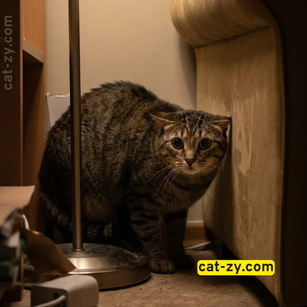 An anxious cat with flat ears showing behavioral stress related to a cat pooping outside the litter tray by cat-zy.