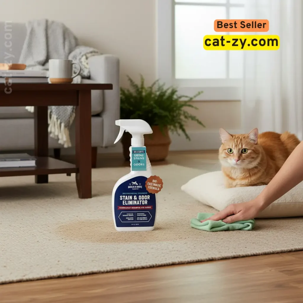 cat-zy Cat Peeing Everywhere cleaner spray removing stain near curious cat