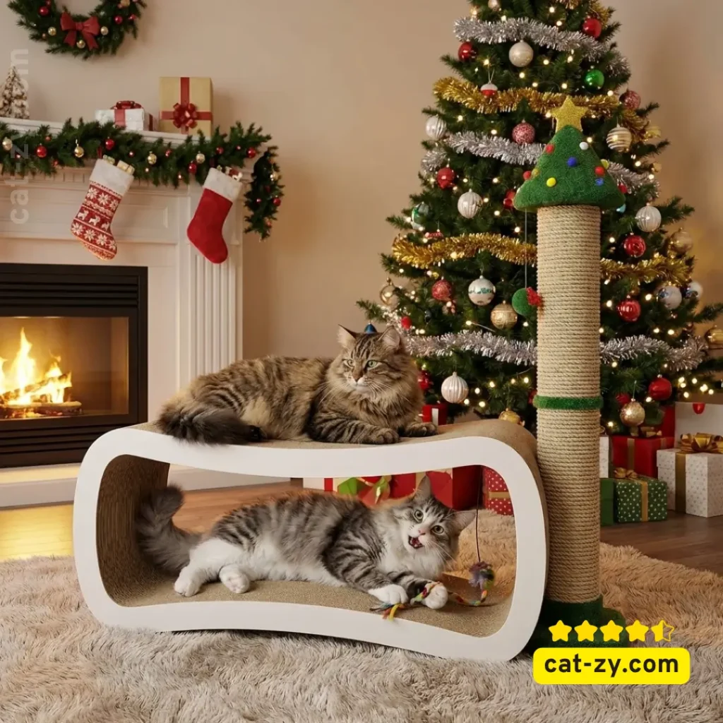 A cat relaxing on a PetFusion Jumbo Lounge next to a Christmas Tree Cat Scratcher, featuring a cat-zy festive vibe.