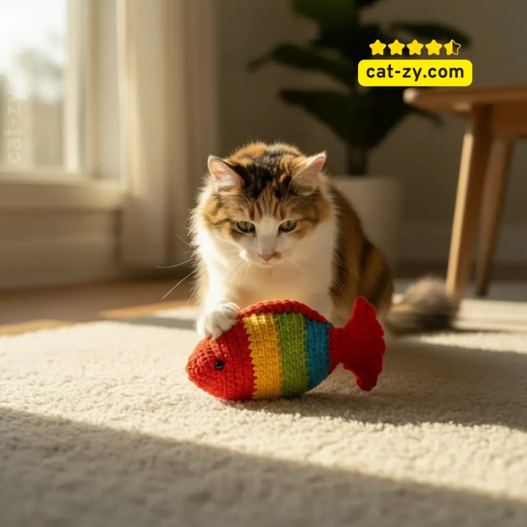 Cat-zy interactive fish toy for kittens made with crochet cat toys style.