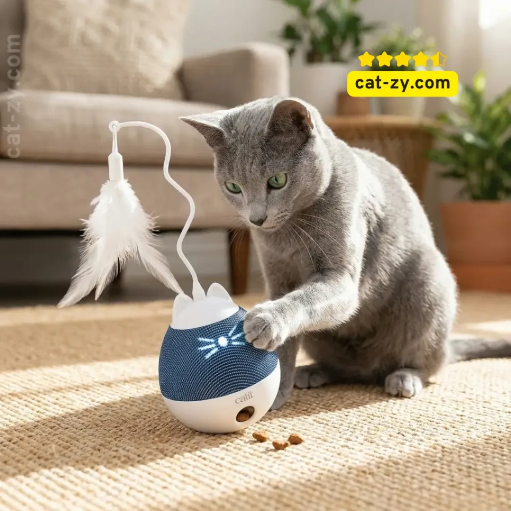 A Russian Blue cat spins the light blue Catit PIXI Spinner, a smart alternative to bulky remote control cat toys for mental stimulation and food motivation, featured on cat-zy.