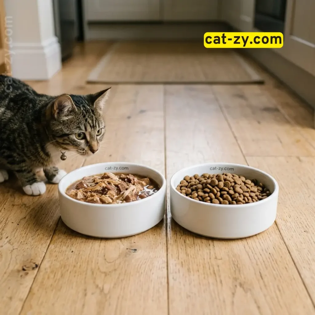 Side-by-side comparison of kibble and cat food wet by cat-zy.