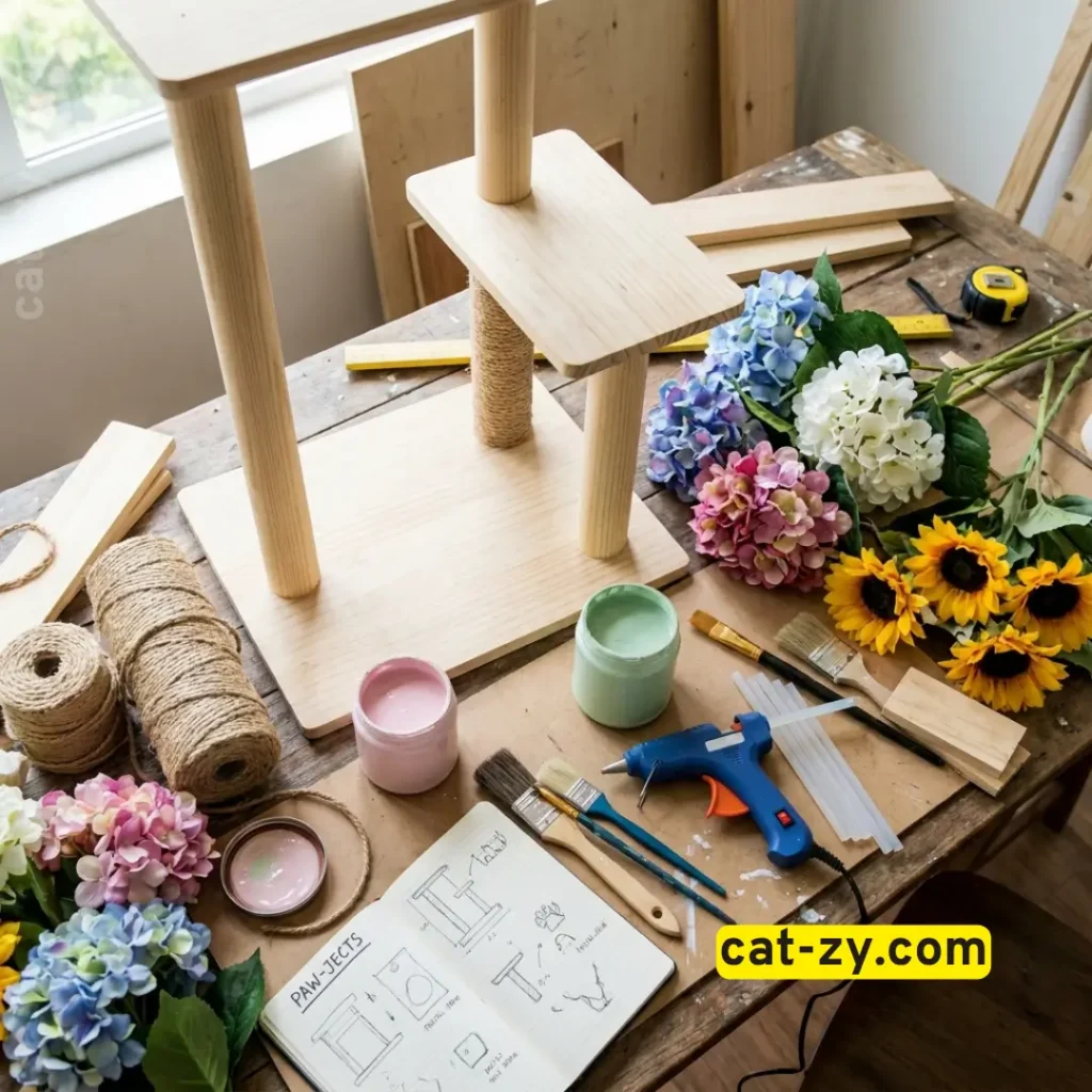 A workspace displaying tools and materials to build a DIY cat tree flower by cat-zy.
