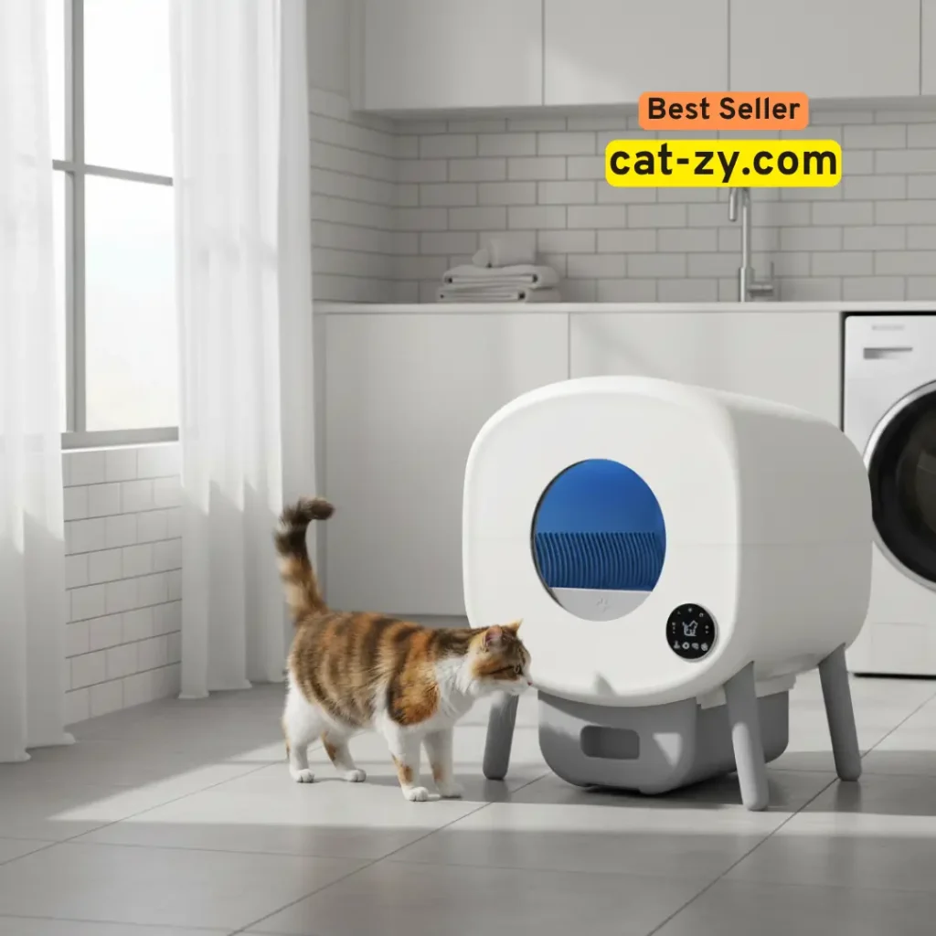 A modern white and grey Cumrige Large Litter Box with automatic self-cleaning features and App control, showcased on cat-zy to help owners manage feline hygiene.
