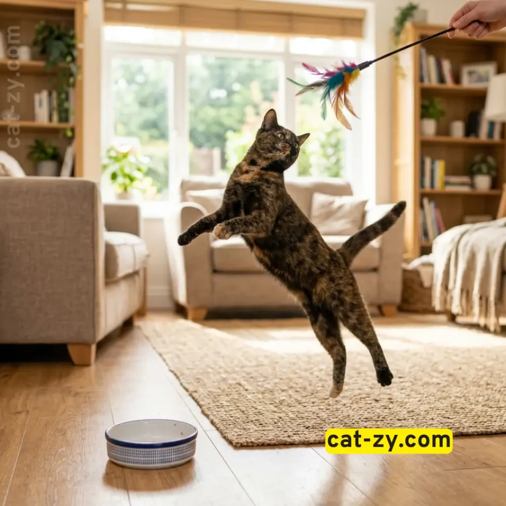 An active lean cat staying fit on a diet of cat food wet with cat-zy.