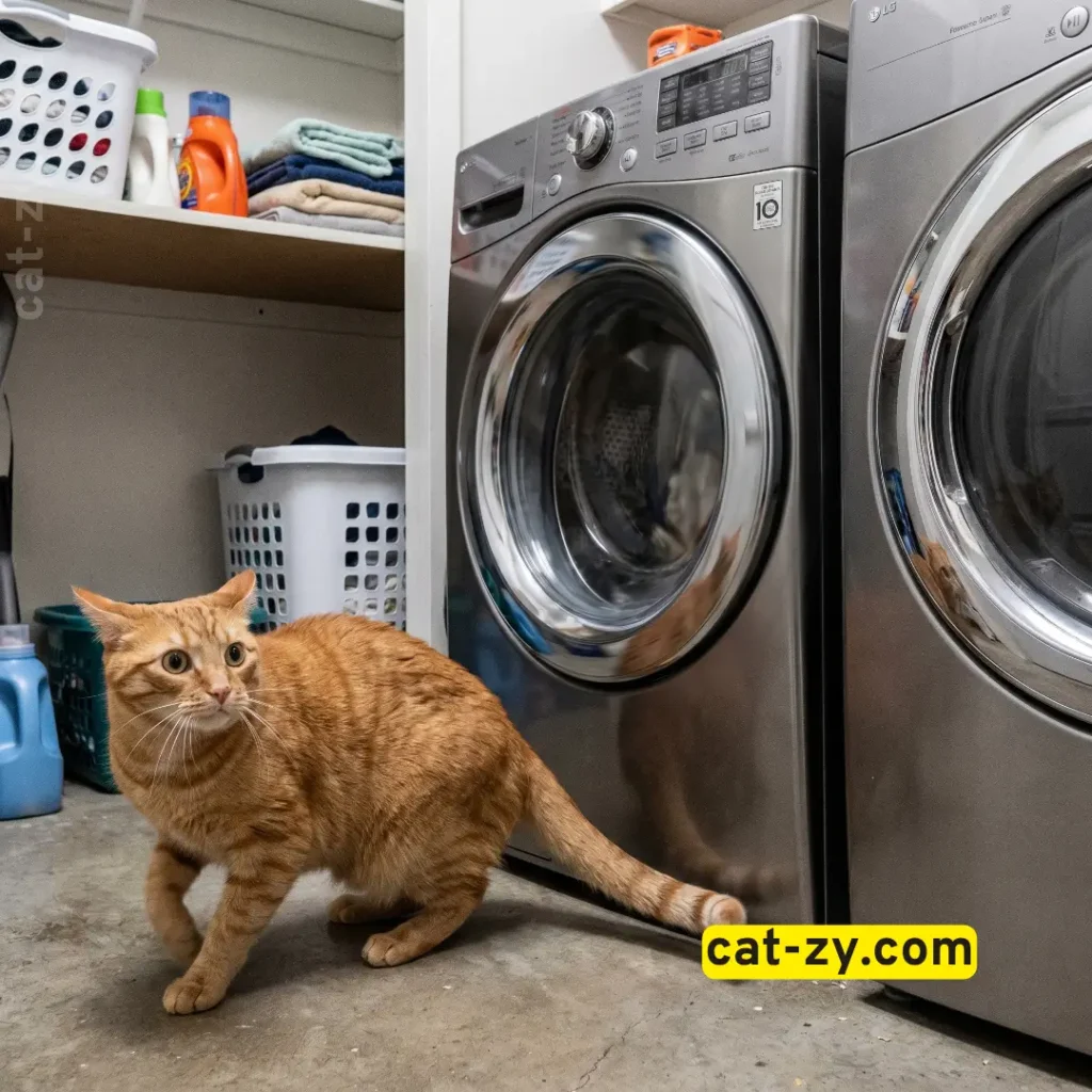 A startled cat next to a noisy appliance, showing environmental triggers for a cat pooping outside the litter tray by cat-zy.