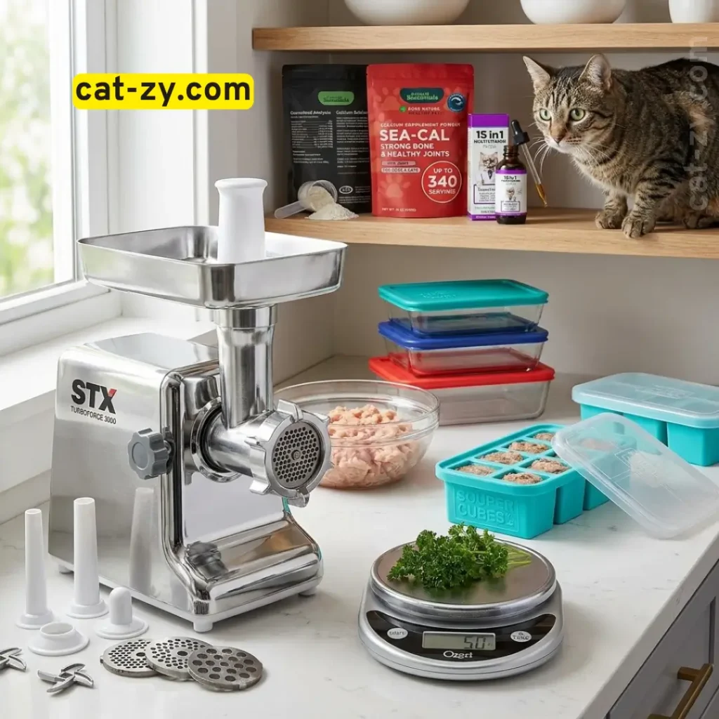 A professional kitchen setup for cat-zy showing a meat grinder, digital scale, Pyrex containers, and supplements for Homemade Cat Food Recipes.