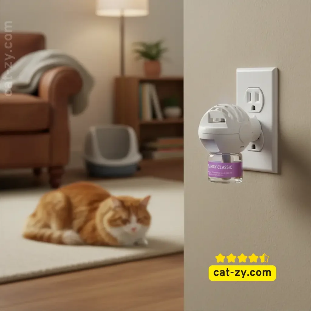 FELIWAY diffuser plugged in with relaxed cat nearby preventing cat urinating outside litter box - cat-zy