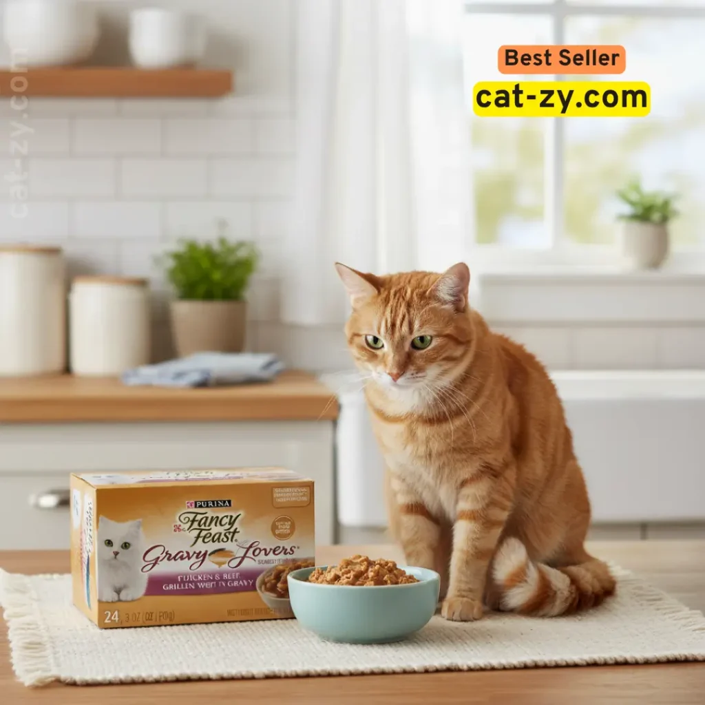 cat food wet cat-zy Purina Fancy Feast gravy lovers wet cat food with fluffy cat in cozy kitchen