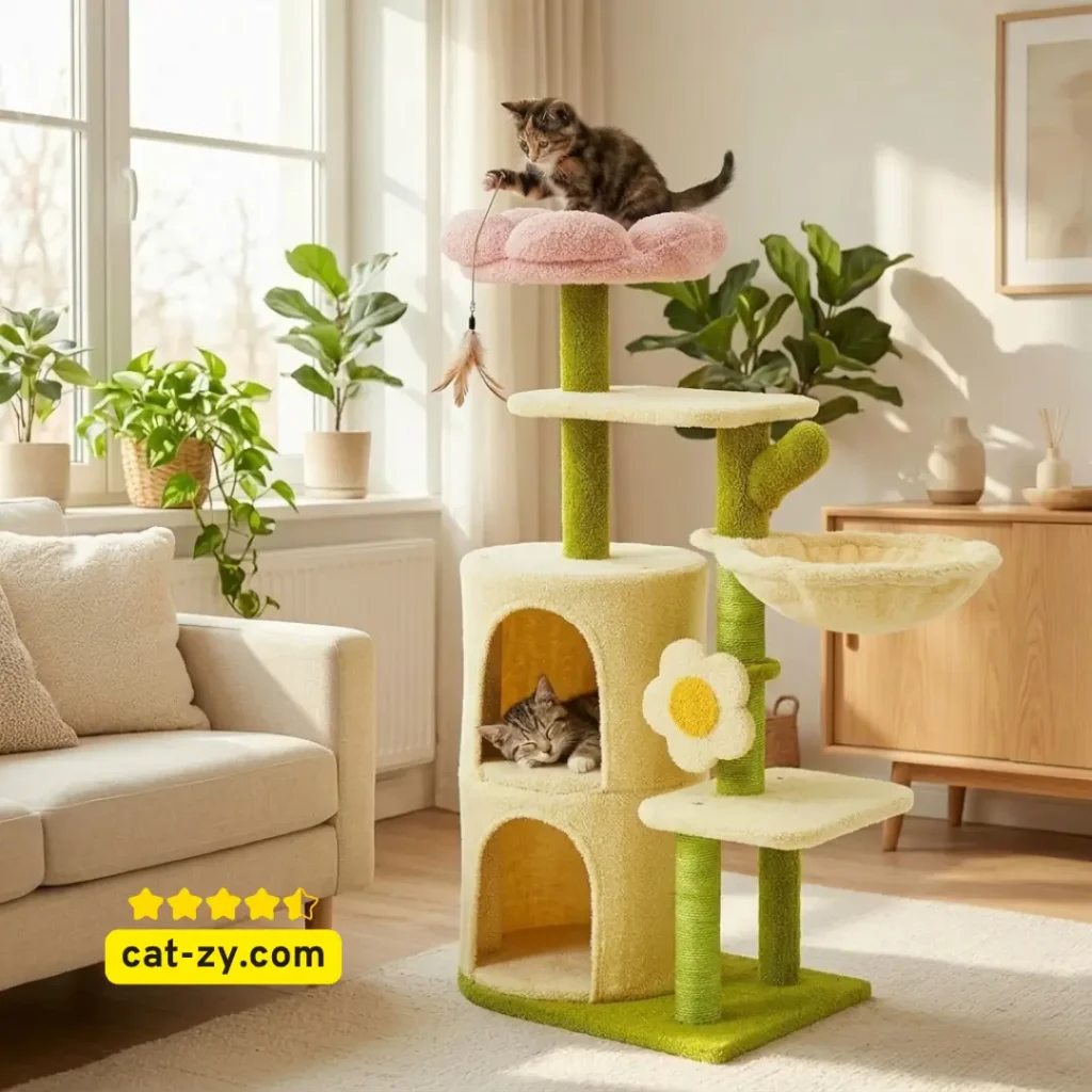A multi-level 38.2-inch flower cat tree with a pink top platform, green sisal scratching posts, and double cream condos, reviewed by cat-zy for indoor cat care.