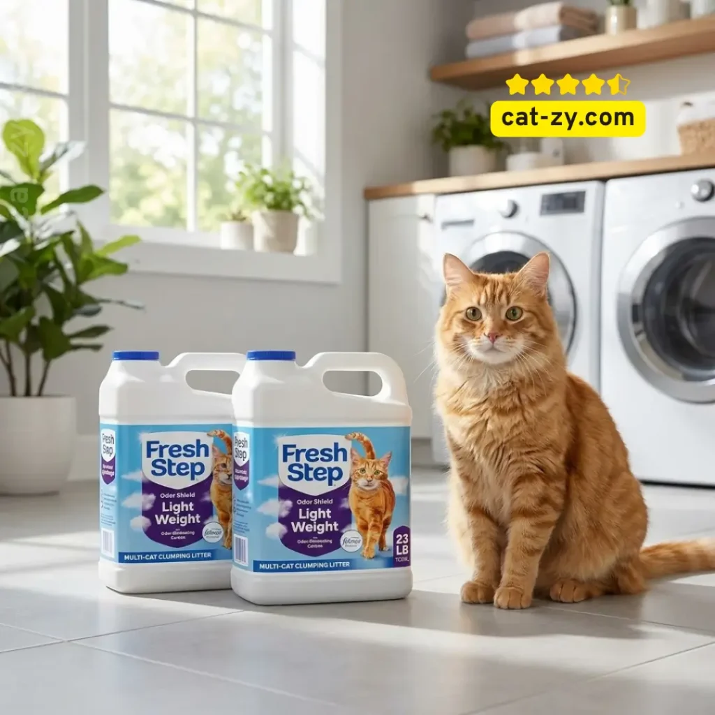 Fresh Step Odor Shield Light Weight Multi-Cat Clumping Litter with Febreze freshness shown in a home setting for a cat-zy Crystal Cat Litter review and guide.