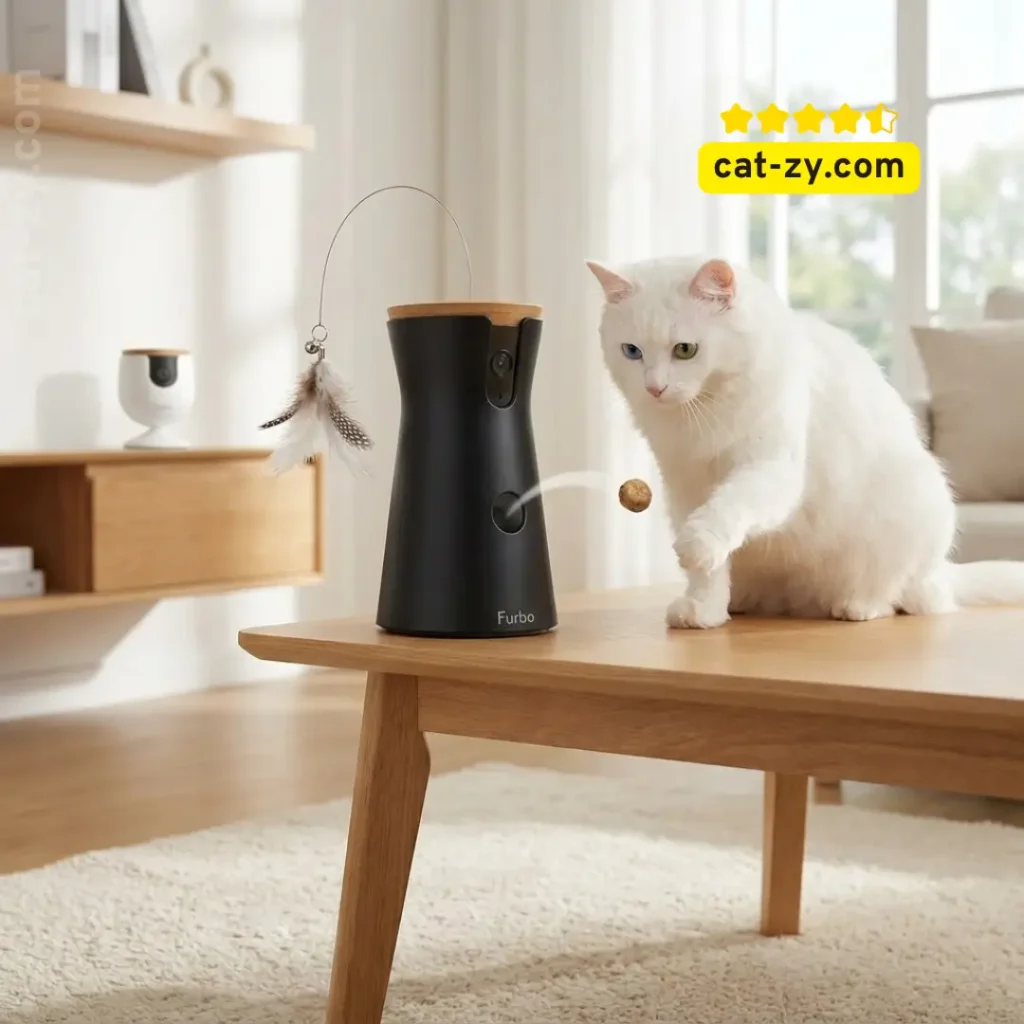 A curios Turkish Angora cat interacting with the Furbo 360° and Mini bundle, a premium example of remote control cat toys featured on cat-zy.