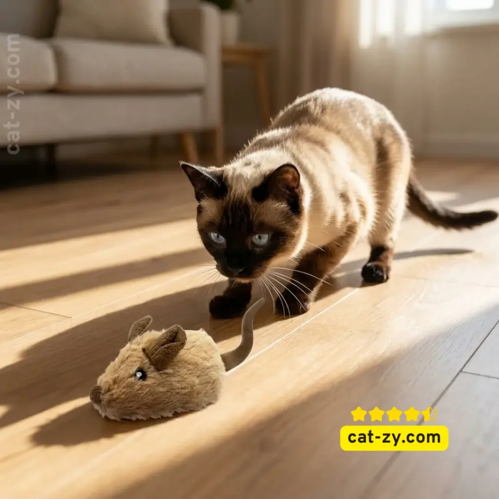 A sleek Seal Point Siamese cat in a pounce stance, focused on the Gigwi interactive mouse, a classic example of non-remote control cat toys for hunting simulation, featured on cat-zy.