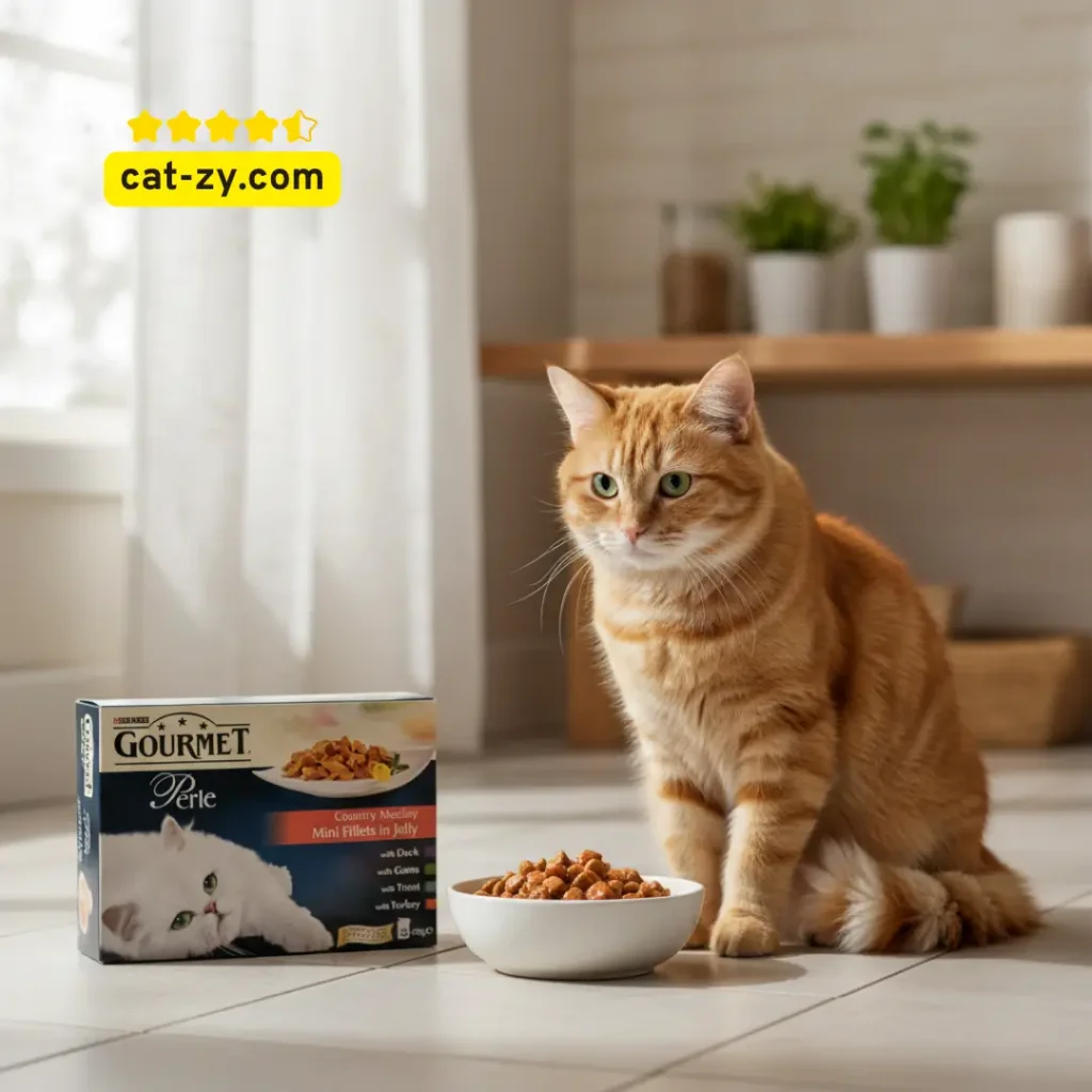 cat food wet cat-zy gourmet perle jelly meal with curious cat in kitchen