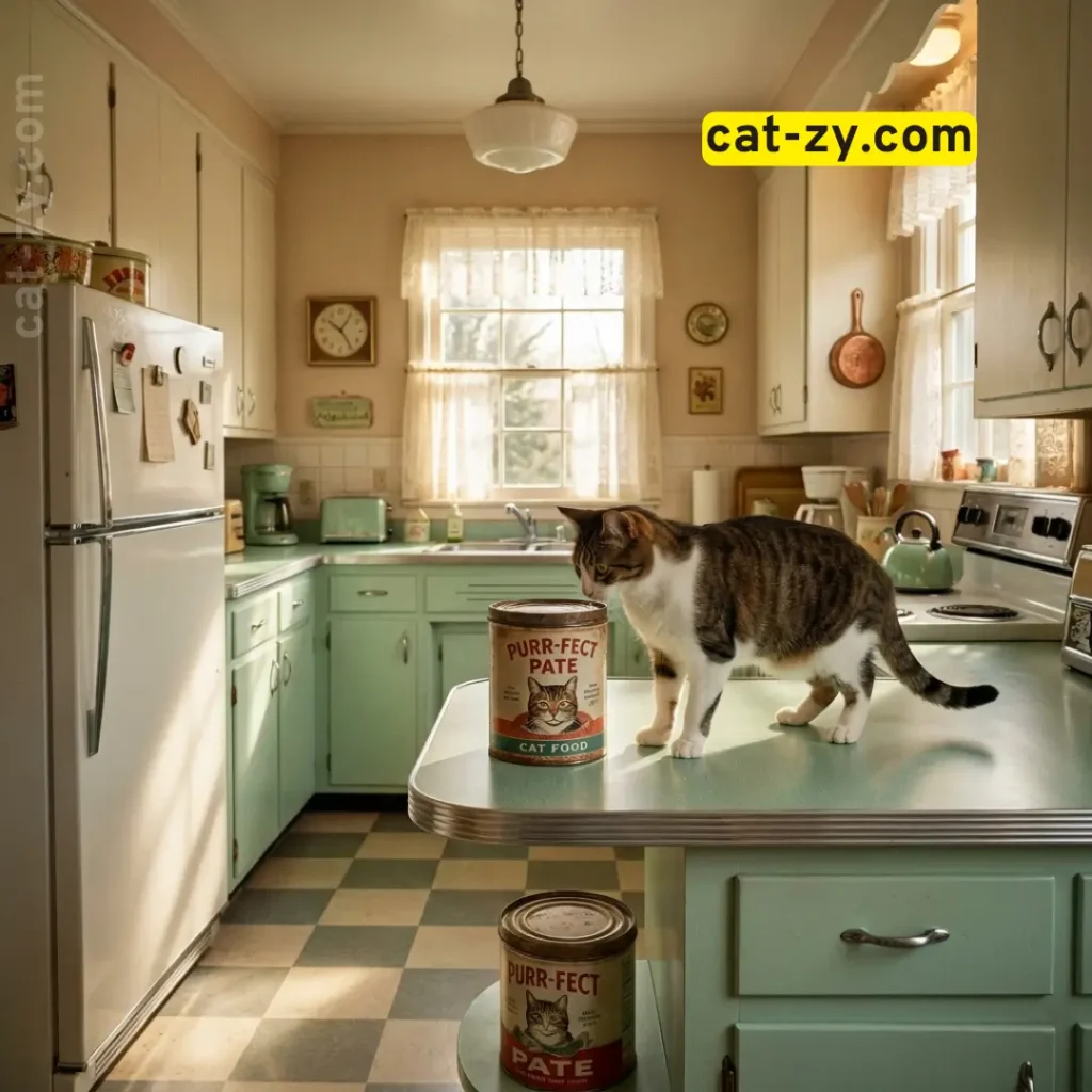 A hyper-realistic 1950s kitchen scene featuring a vintage cat food tin and a curious shorthair cat, exploring the cat-zy history of is friskies bad for cats.