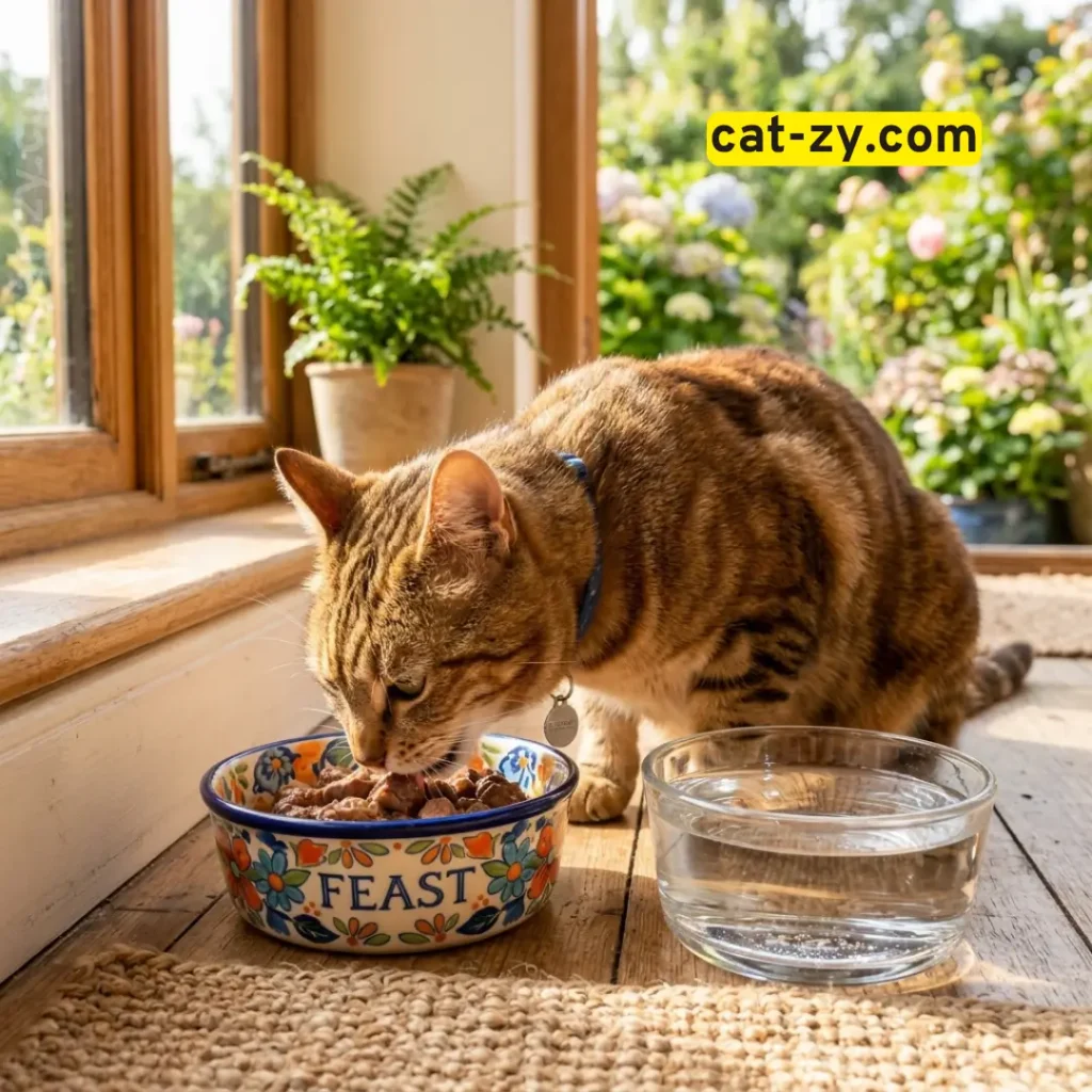 Healthy hydrated cat eating nutritious cat food wet from cat-zy.