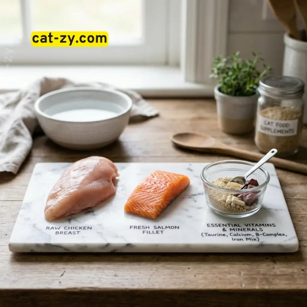 Fresh chicken and salmon representing the primary protein ingredients in friskies pate by cat-zy.