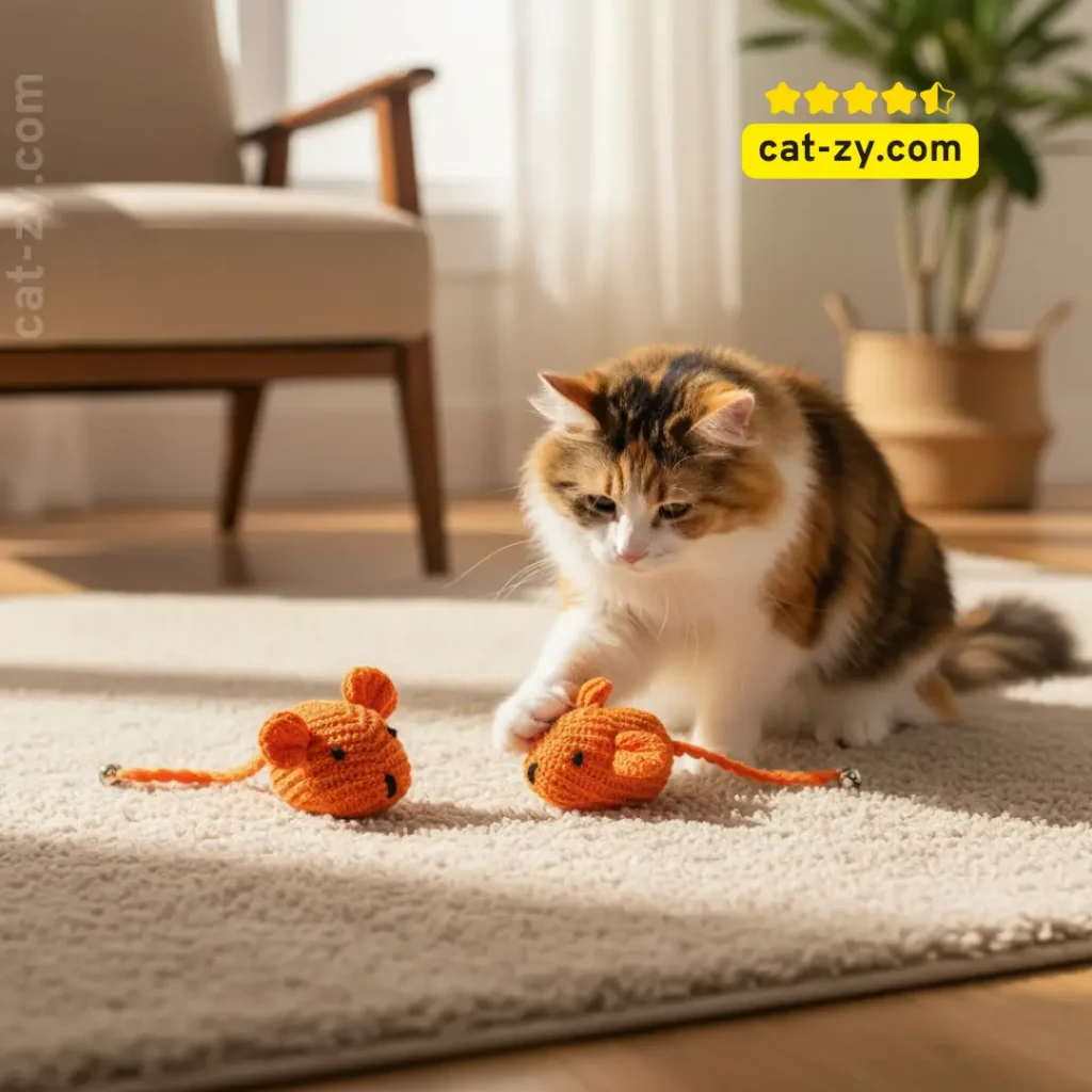A playful cat batting at orange crochet cat toys in a cat-zy sunlit home setting.