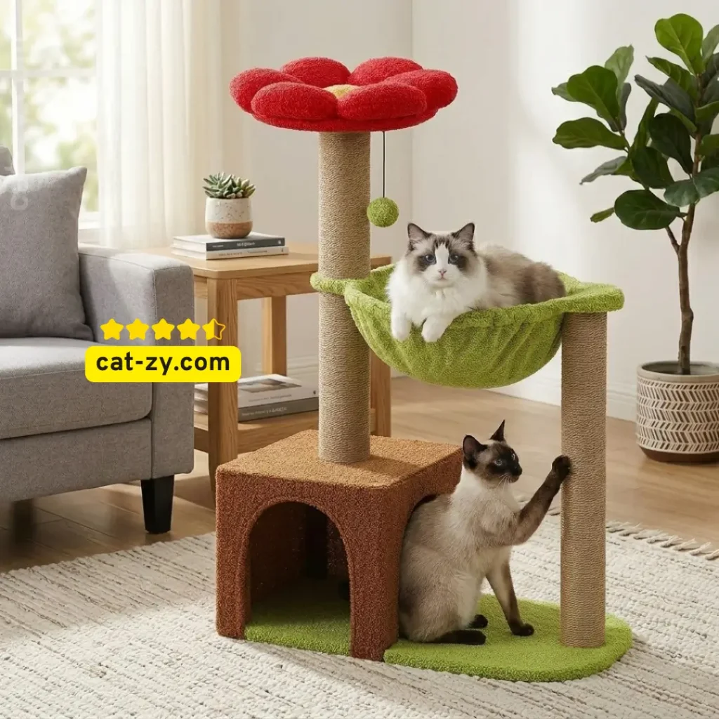 A 35-inch MUTTROS flower cat tree featuring a brown condo, large green hammock, sisal scratching posts, and a red flower bed perch, reviewed on cat-zy for small indoor cats.