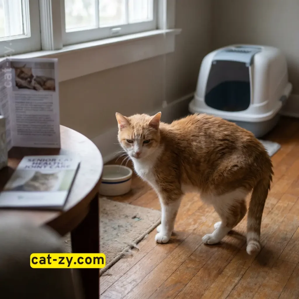 A stiff indoor cat experiencing physical discomfort near its box, showing medical reasons for a cat pooping outside the litter tray by cat-zy.
