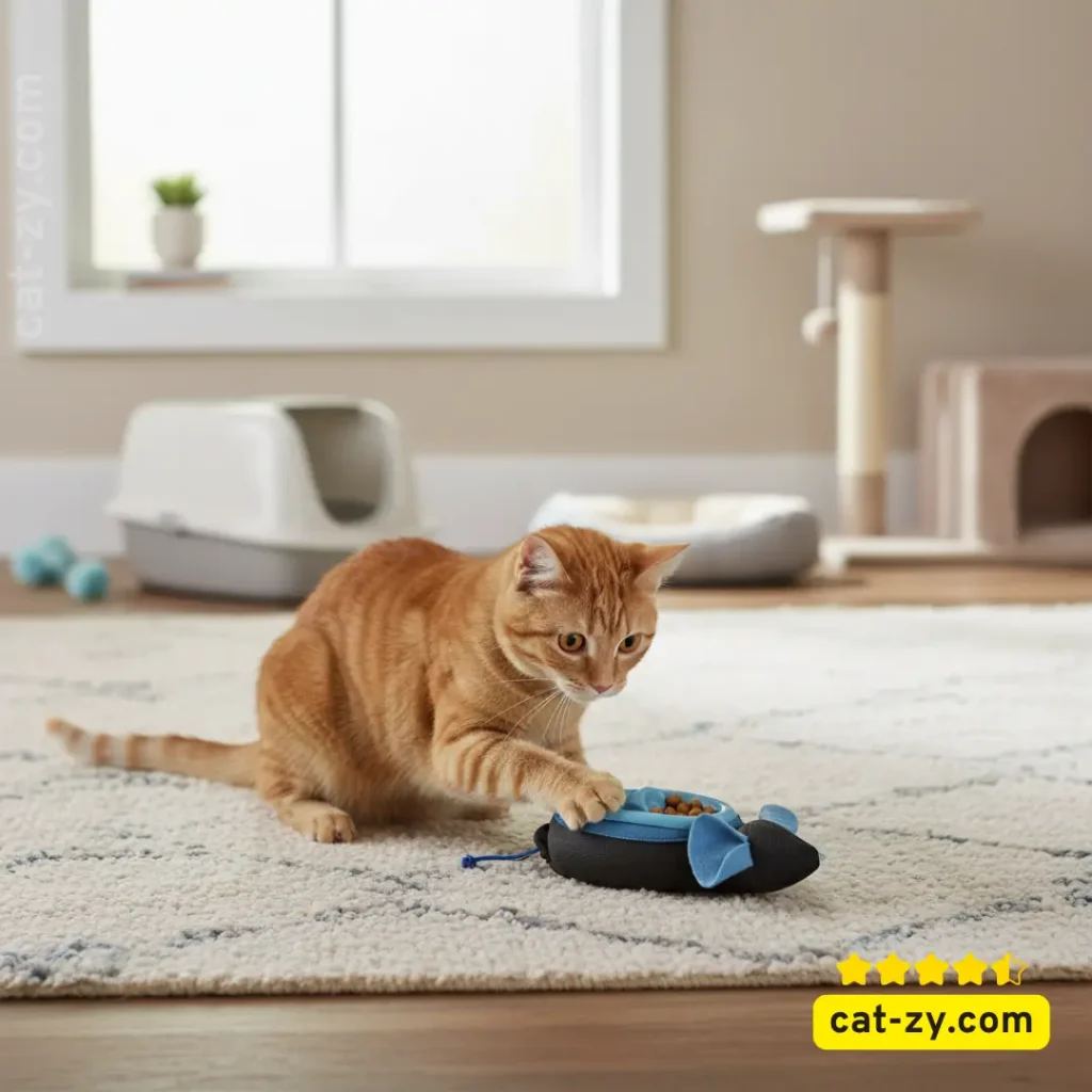 cat-zy Cat Peeing Everywhere small mouse treat dispenser toy with cat playing indoors