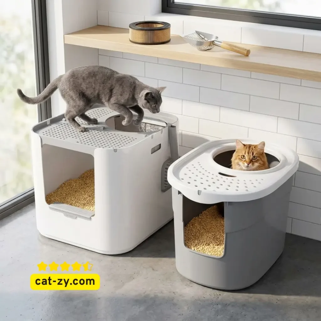 Comparison of Modkat® XL and IRIS USA top-entry litter boxes filled with sustainably yours cat litter on cat-zy.