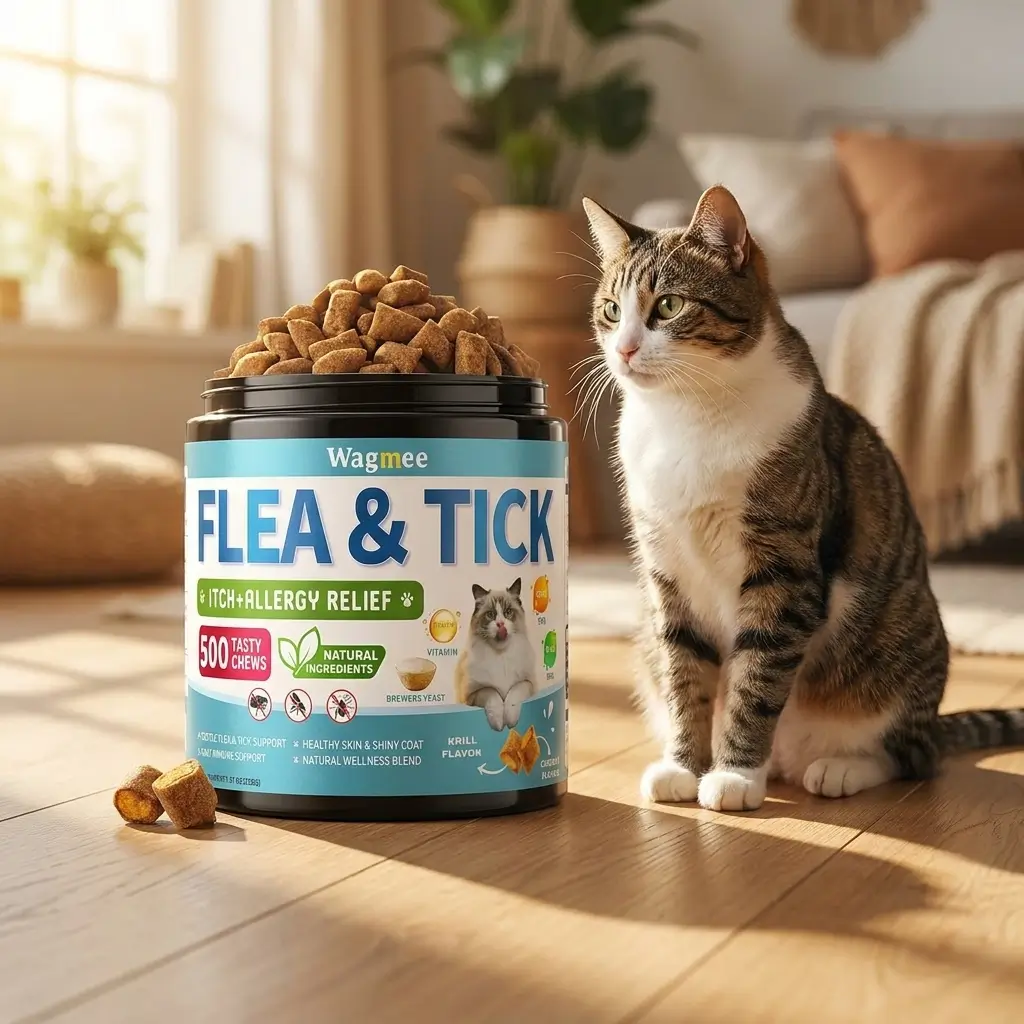 A standard-sized domestic cat next to a bottle of natural flea treatment chewables on cat-zy.