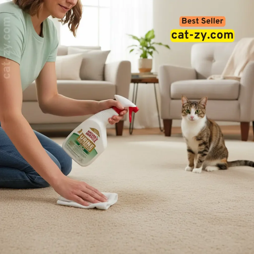 Person cleaning cat urine on carpet with Nature’s Miracle Urine Destroyer Plus Cat, 32oz – cat nearby – cat urinating outside litter box – cat-zy