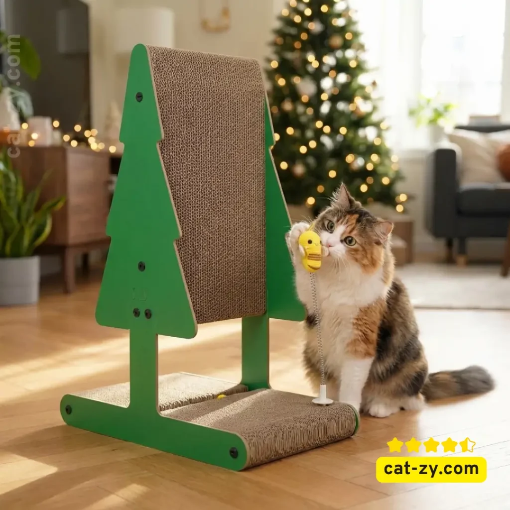A playful cat near a cat-zy Christmas Tree Cat Scratcher in a cozy home setting.