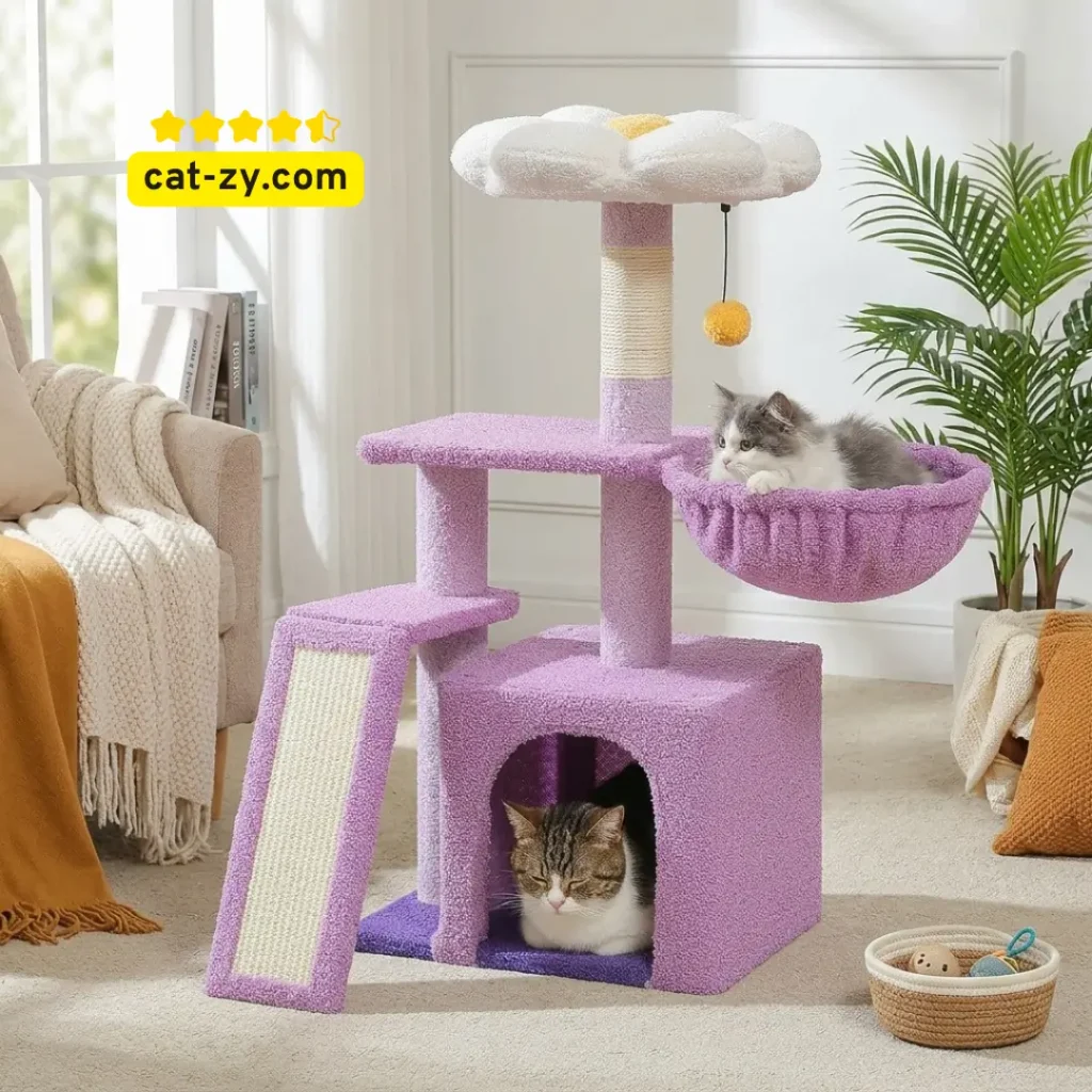 A 32-inch PETEPELA purple flower cat tree featuring a cozy condo, sisal scratching ramp, side hammock, and a removable flower bed perch, reviewed by cat-zy for kitten enrichment.