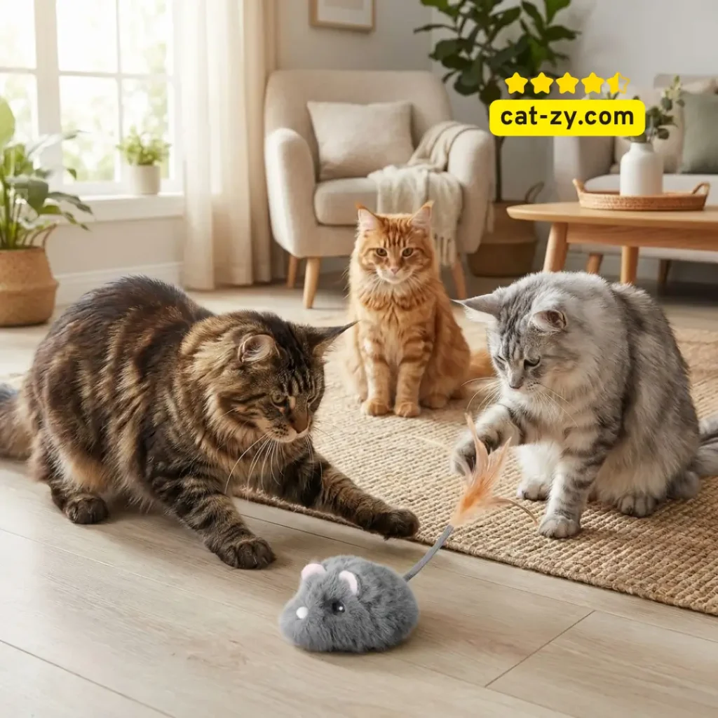 A group of large Maine Coon cats interacting with the Pawingcat, a innovative example of remote control cat toys featured on cat-zy.