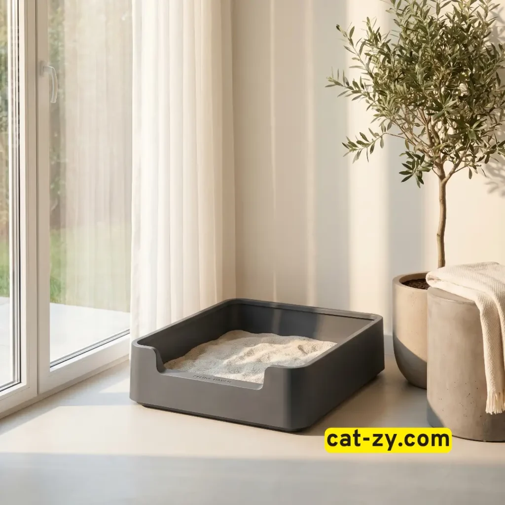 A large, ideal open-top litter box setup designed to prevent a cat pooping outside the litter tray by cat-zy.