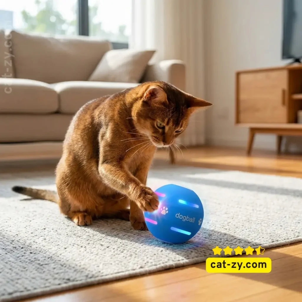 A high-energy Bengal cat investigating the PetDroid interactive ball, a durable alternative to manual remote control cat toys for indoor exercise, featured on cat-zy.