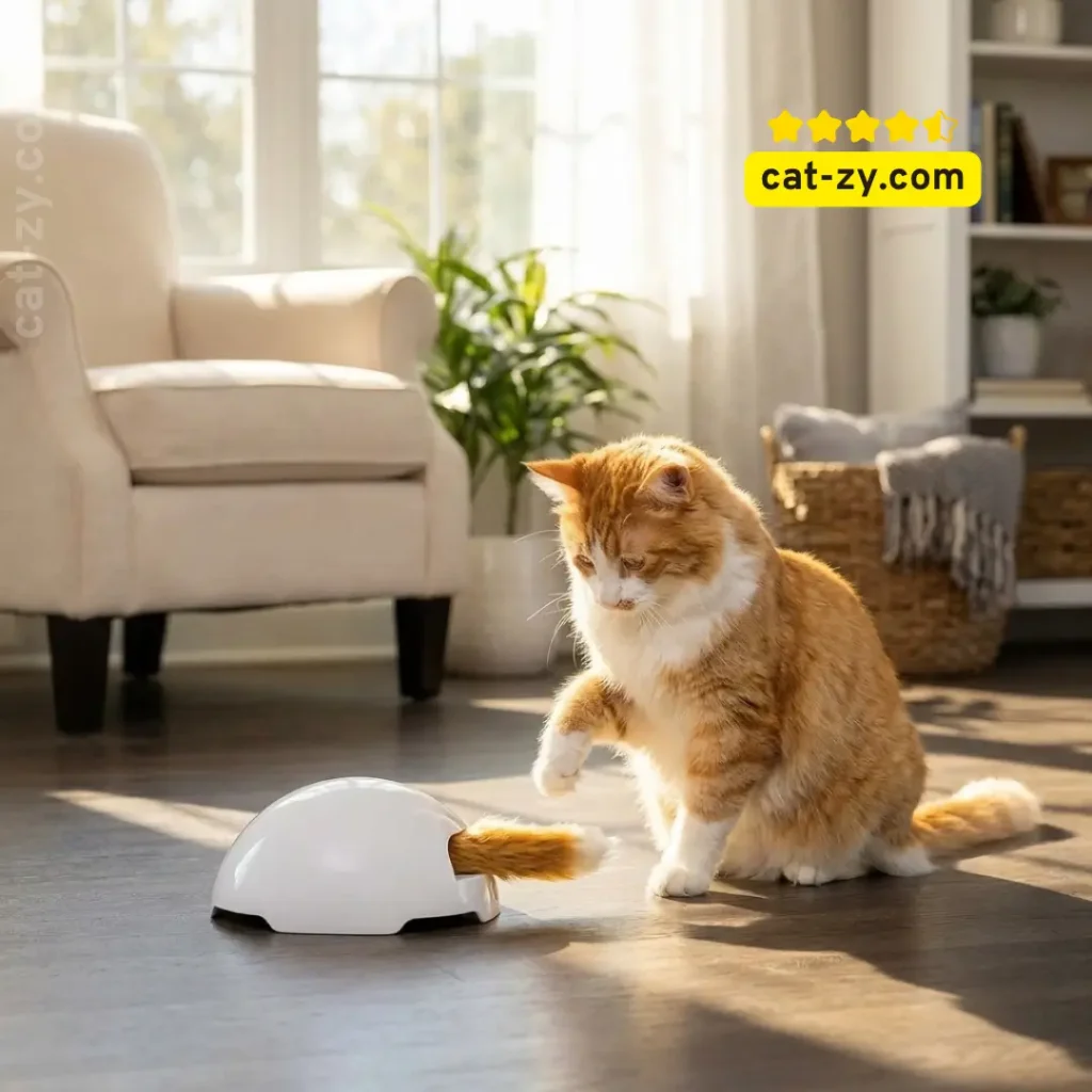 A curious ginger cat playing with the PetSafe Fox Den, a top-rated choice among remote control cat toys for indoor enrichment, featured on cat-zy.