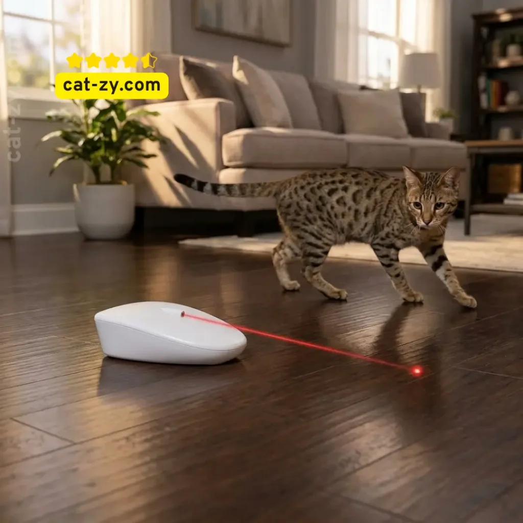 A high-energy Savannah cat chasing the laser from a PetSafe Laser Tail, a smart autonomous alternative to manual remote control cat toys for active play, featured on cat-zy.