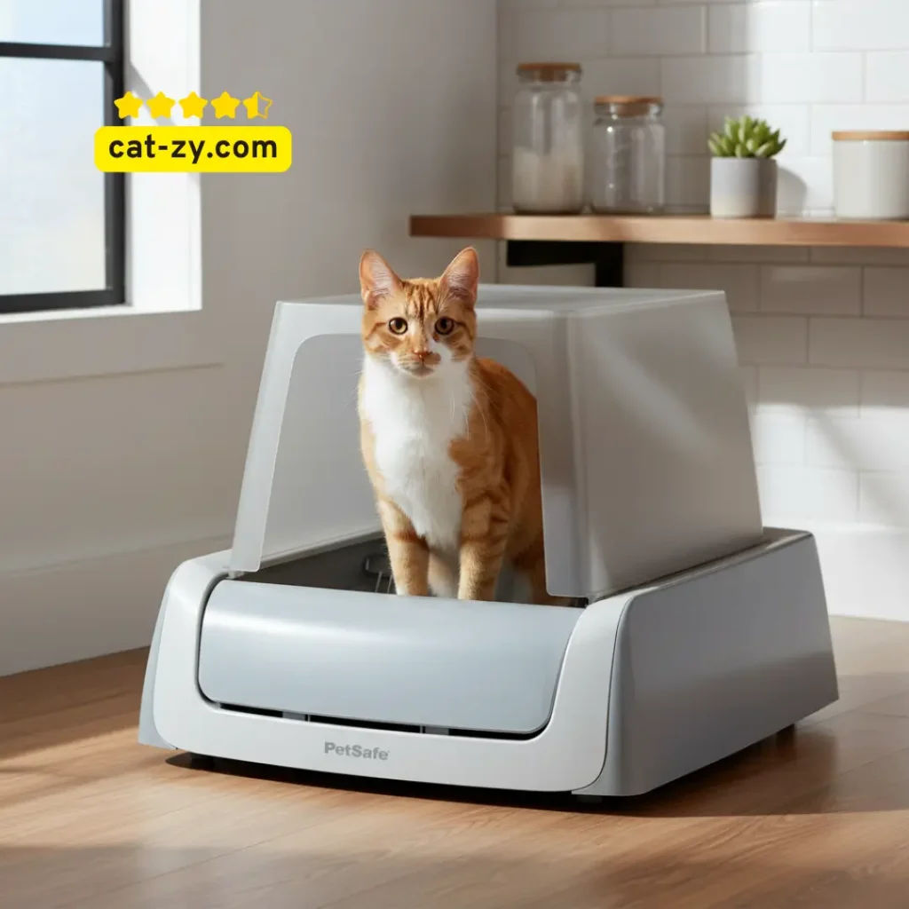 Educational article image on cat-zy demonstrating the PetSafe ScoopFree self-cleaning, motion-sensing Large Litter Box with an integrated health counter, featuring a seated orange and white cat.