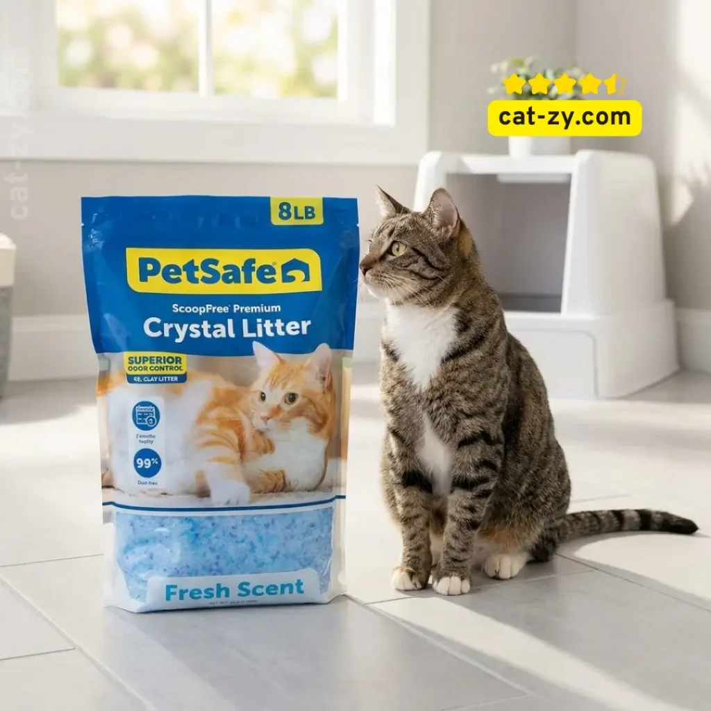 A bag of PetSafe ScoopFree Premium Crystal Cat Litter featured in a cat-zy educational guide about the benefits of using Crystal Cat Litter for odor control.