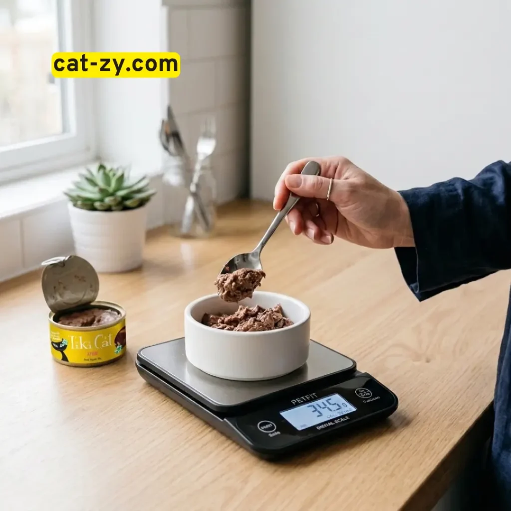 Measuring a healthy portion of cat food wet with cat-zy.