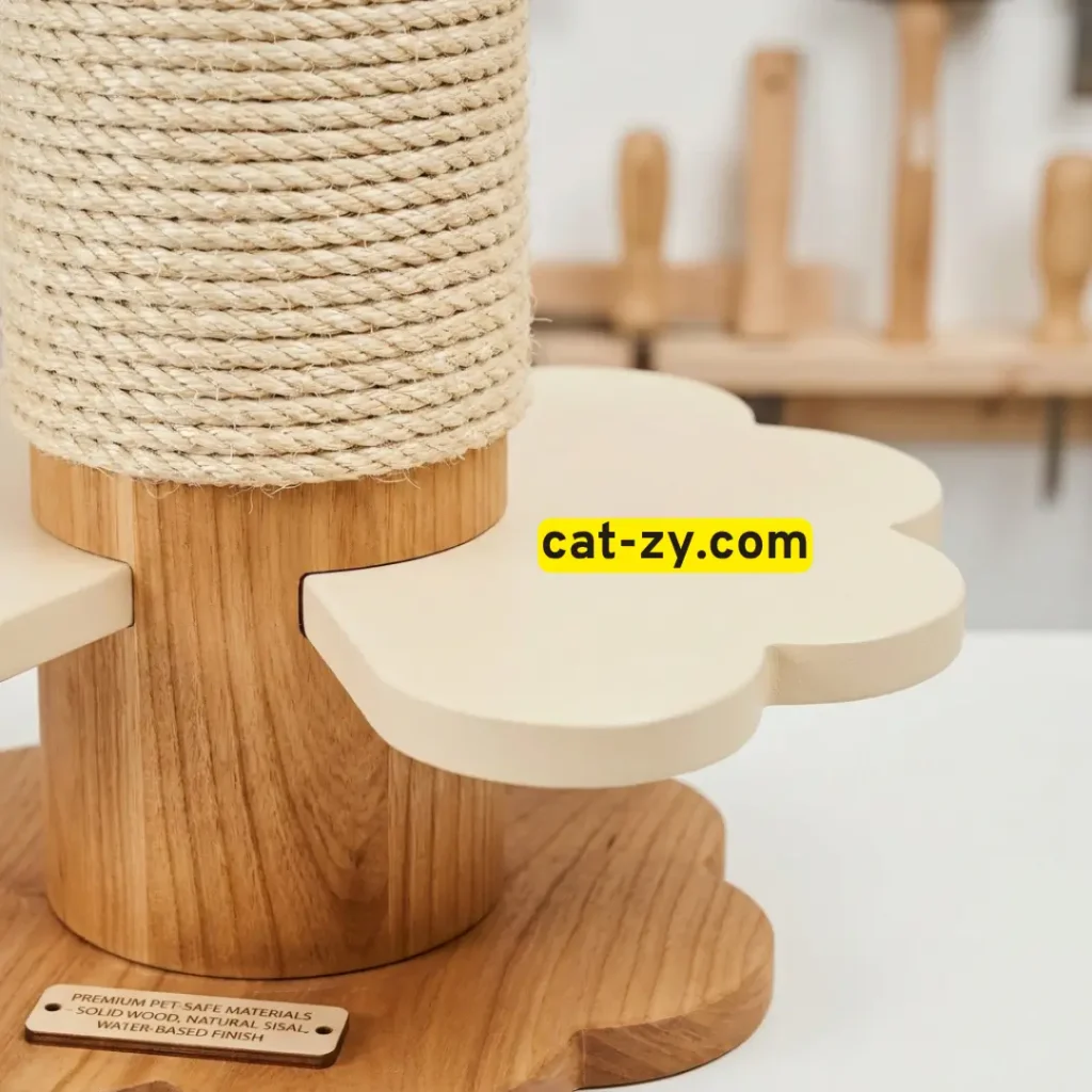A close-up view of non-toxic materials used to build a safe cat tree flower by cat-zy.