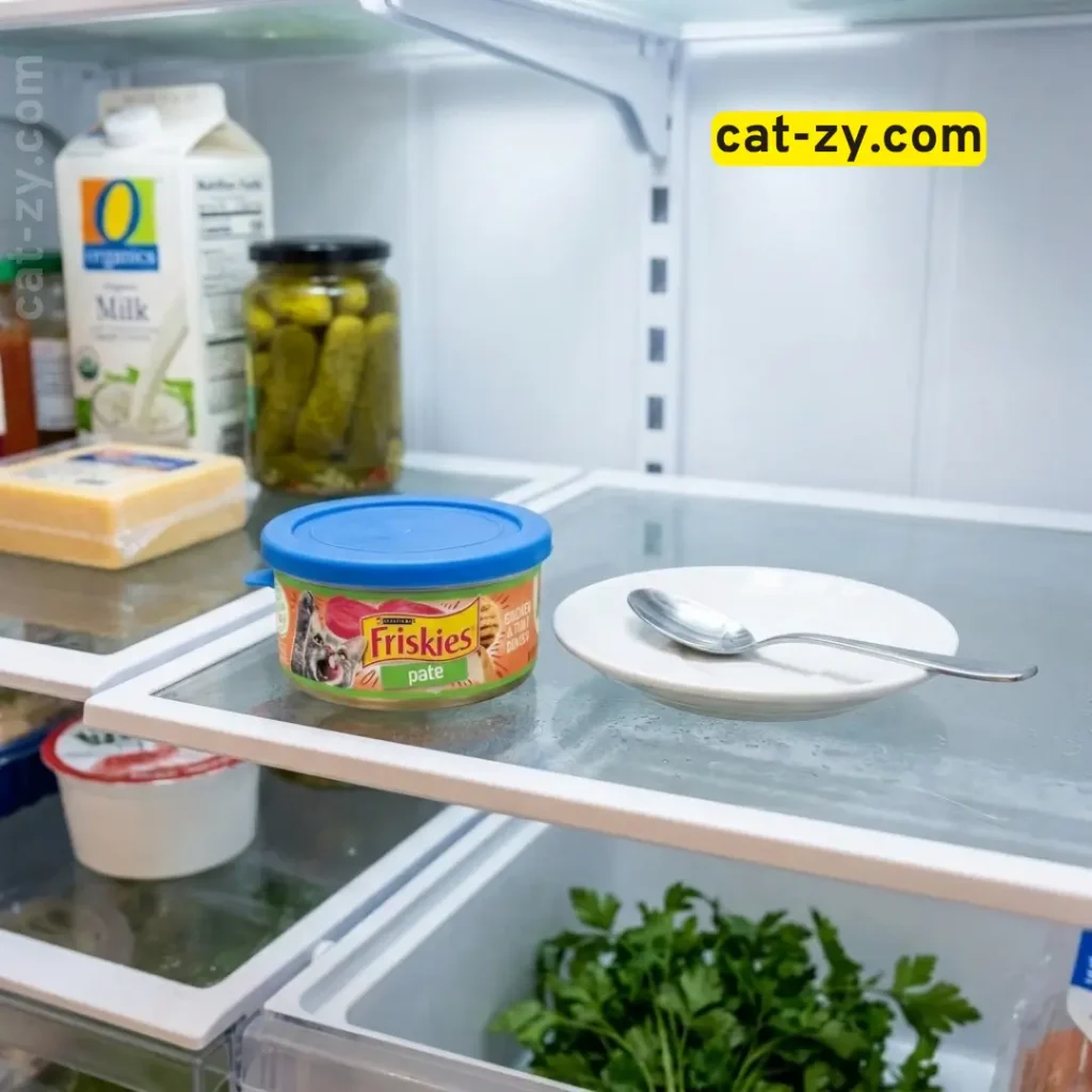 An opened can of friskies pate sealed with a plastic cover inside a refrigerator by cat-zy.