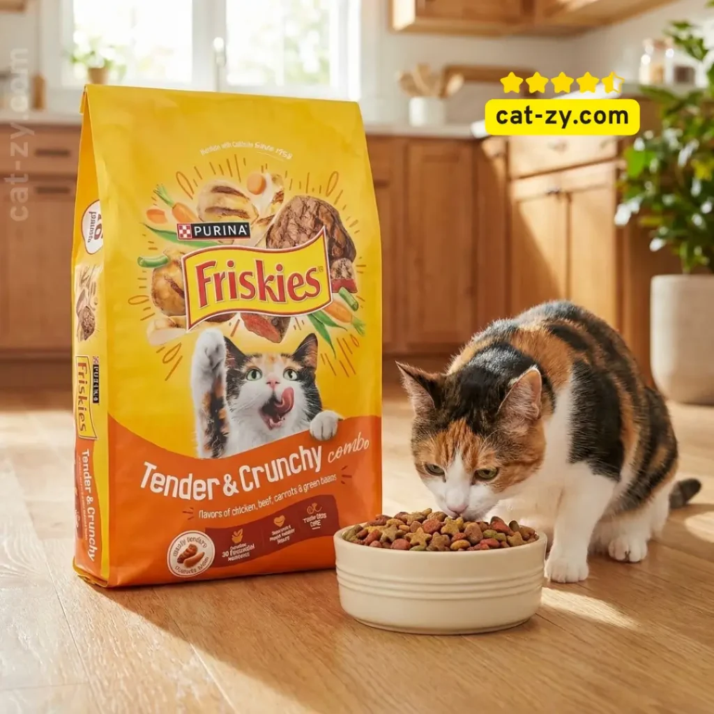 Purina Friskies Tender and Crunchy Combo dry cat food featuring chicken, beef, and vegetable flavors on cat-zy.