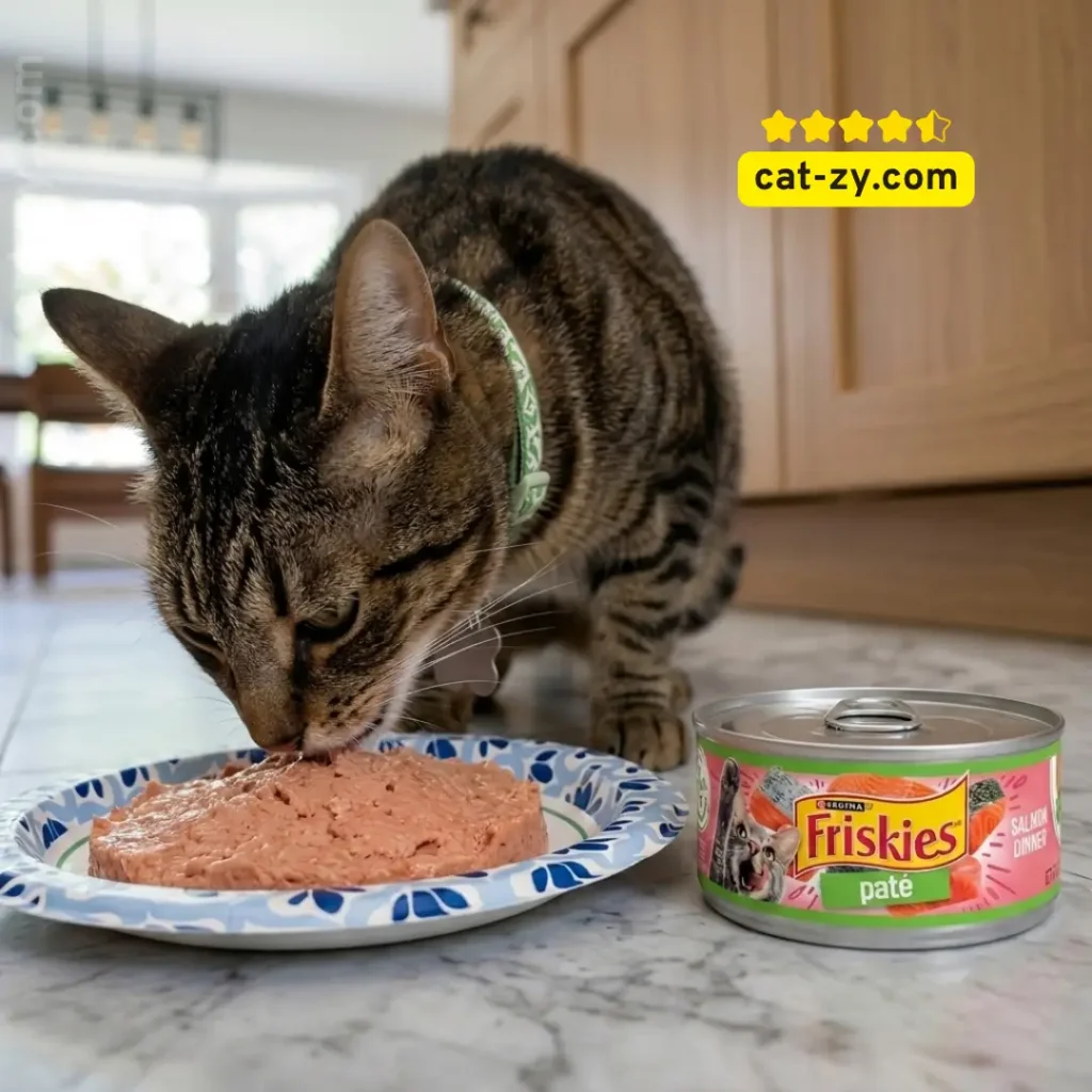 The domestic brown tabby cat from cat-zy leaning forward to eat fresh salmon dinner wet cat food next to a can of friskies pate.