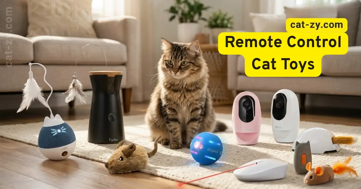 A Norwegian Forest Cat surrounded by a collection of top-rated remote control cat toys and interactive gadgets, including the Furbo 360, PetSafe Fox Den, and PetDroid ball, featured on cat-zy.