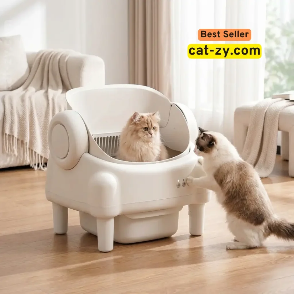 A cream Persian cat sits comfortably inside an open-top automatic self-cleaning litter box, presenting a clean and reliable 'cat-zy' solution to prevent a cat peeing outside litter box.