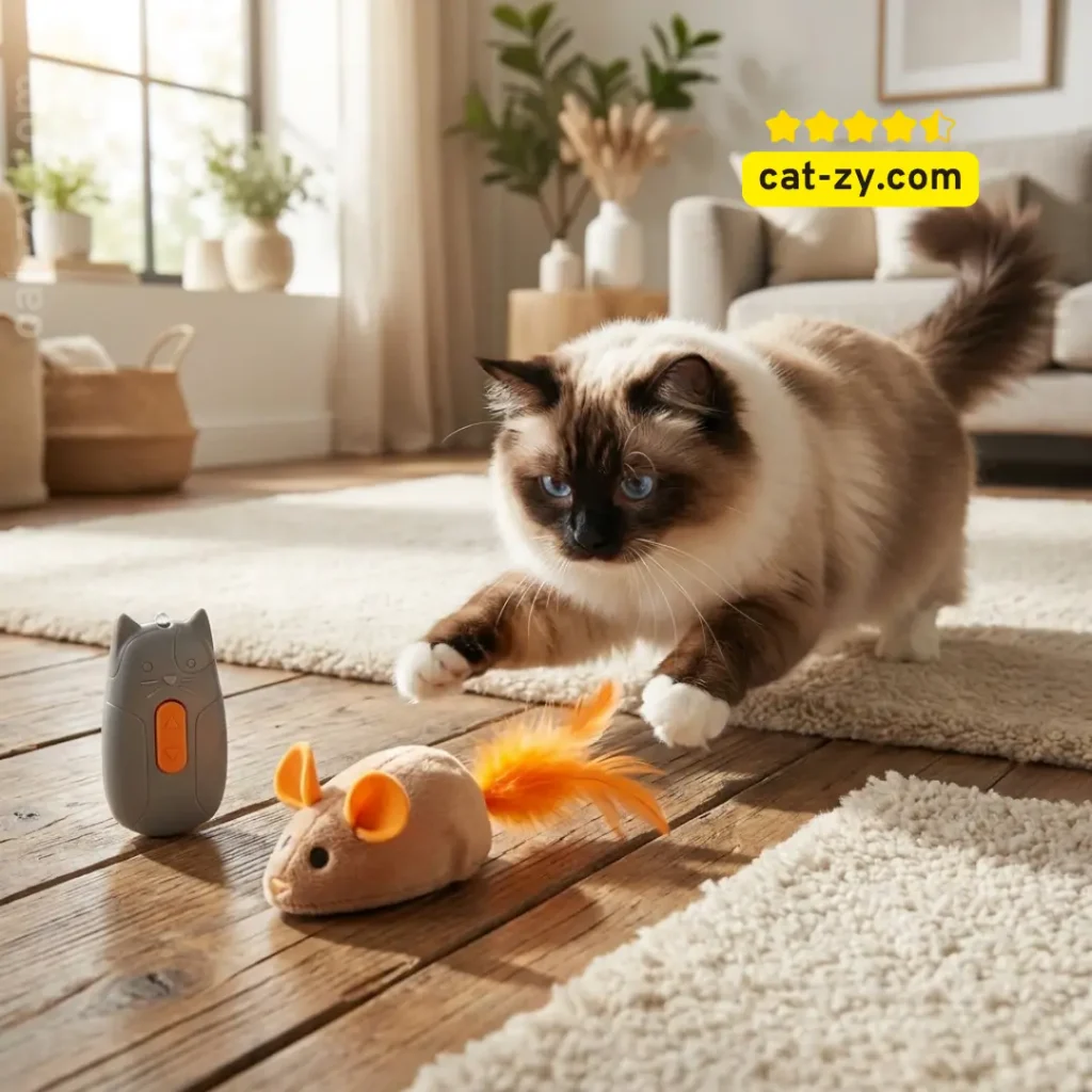 A Burmese cat engaging with the SmartyKat electronic moving toy, an effective alternative to manual remote control cat toys for daily exercise, featured on cat-zy.