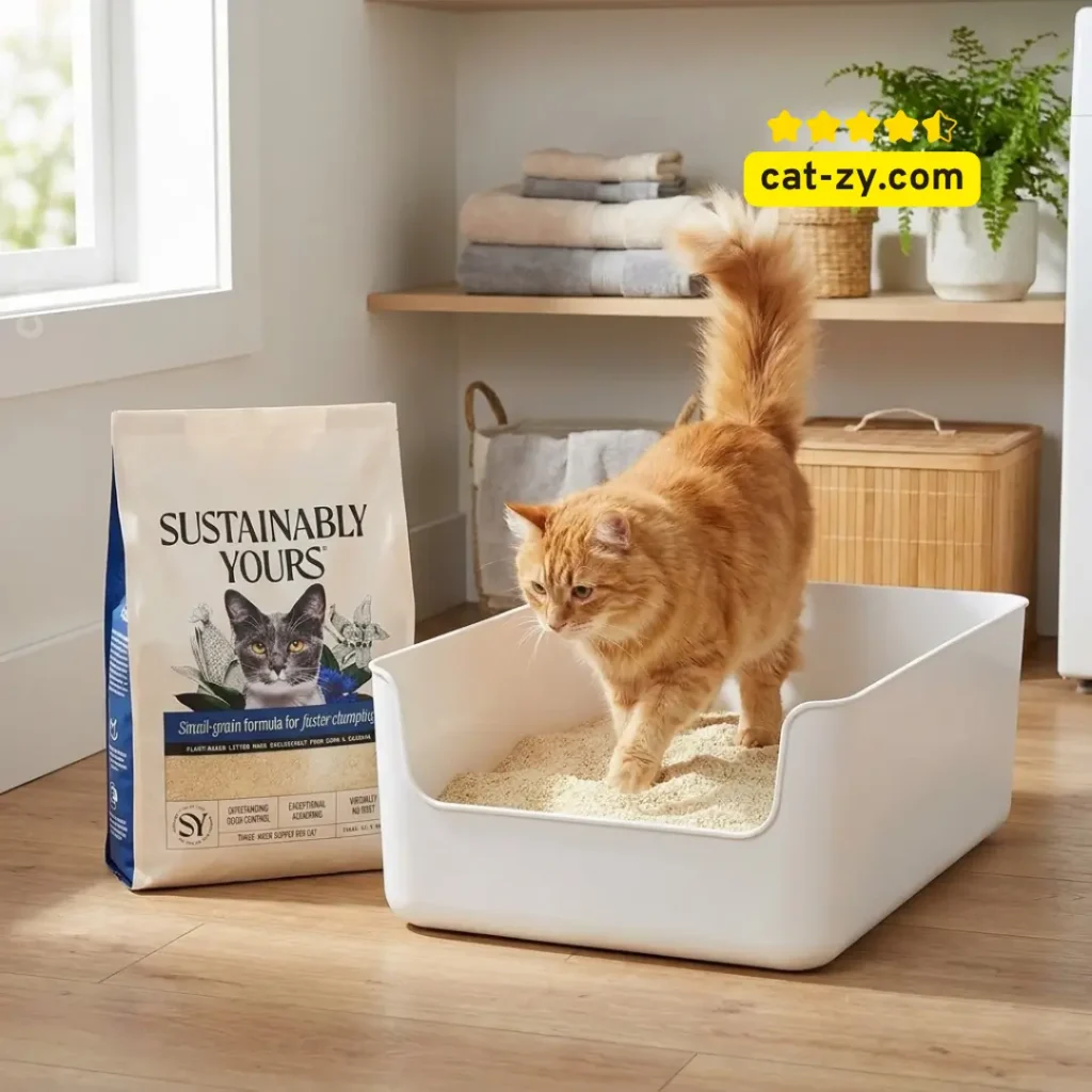 Sustainably Yours natural corn and cassava plant-based cat litter for exceptional clumping on cat-zy.