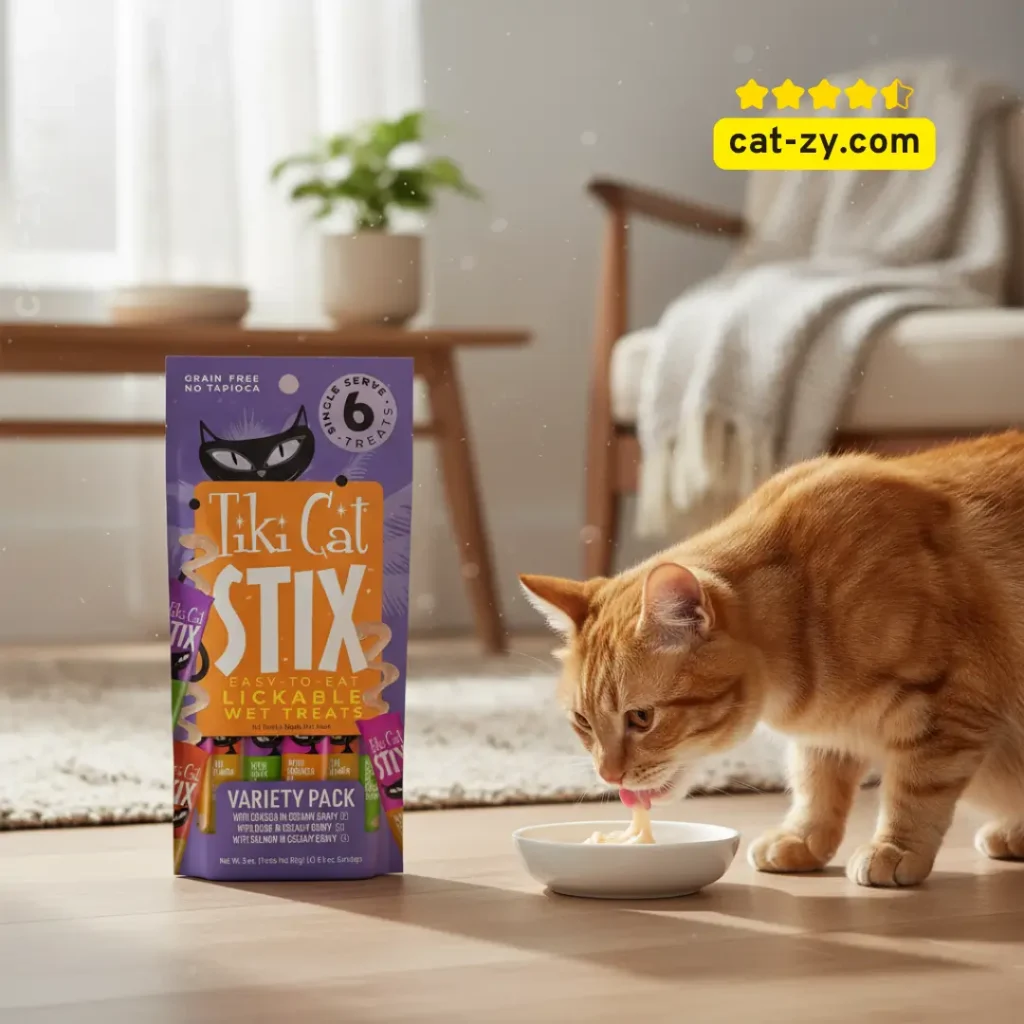 cat food wet creamy treat with cute cat licking cat-zy