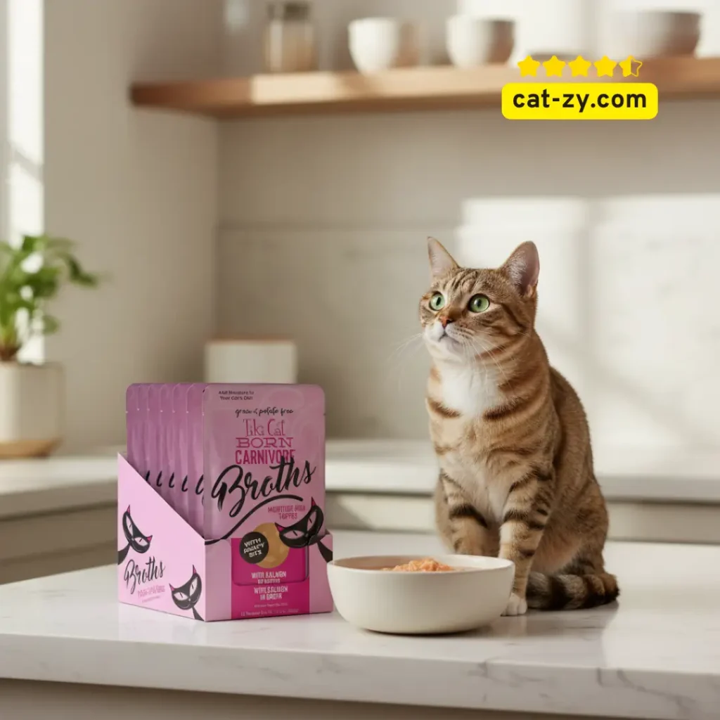 cat food wet cat-zy salmon broth pouch with cat near bowl
